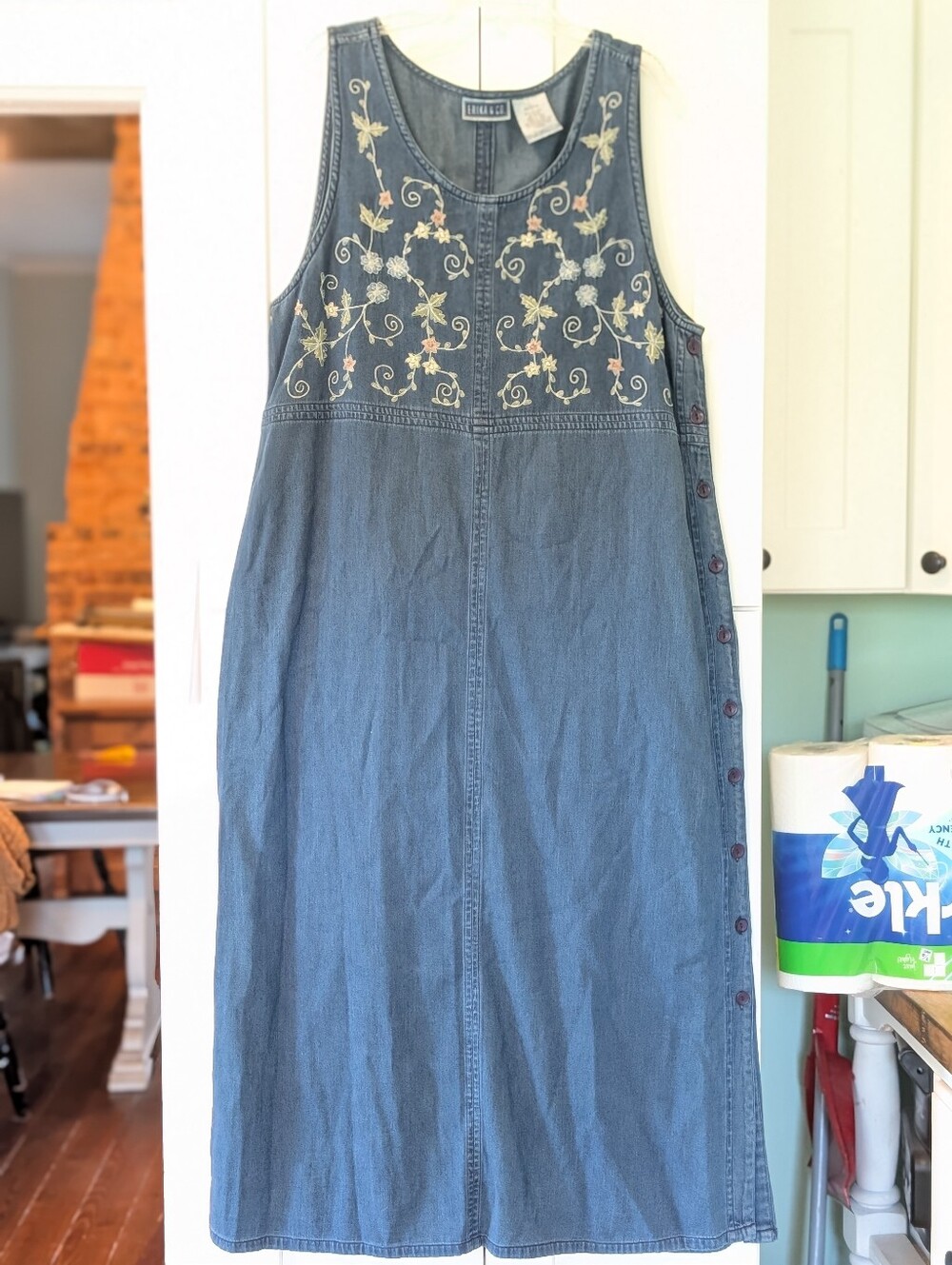 Vintage '90S Erica And Co Denim Jumper Dress L Embroidered Floral Cottagecore